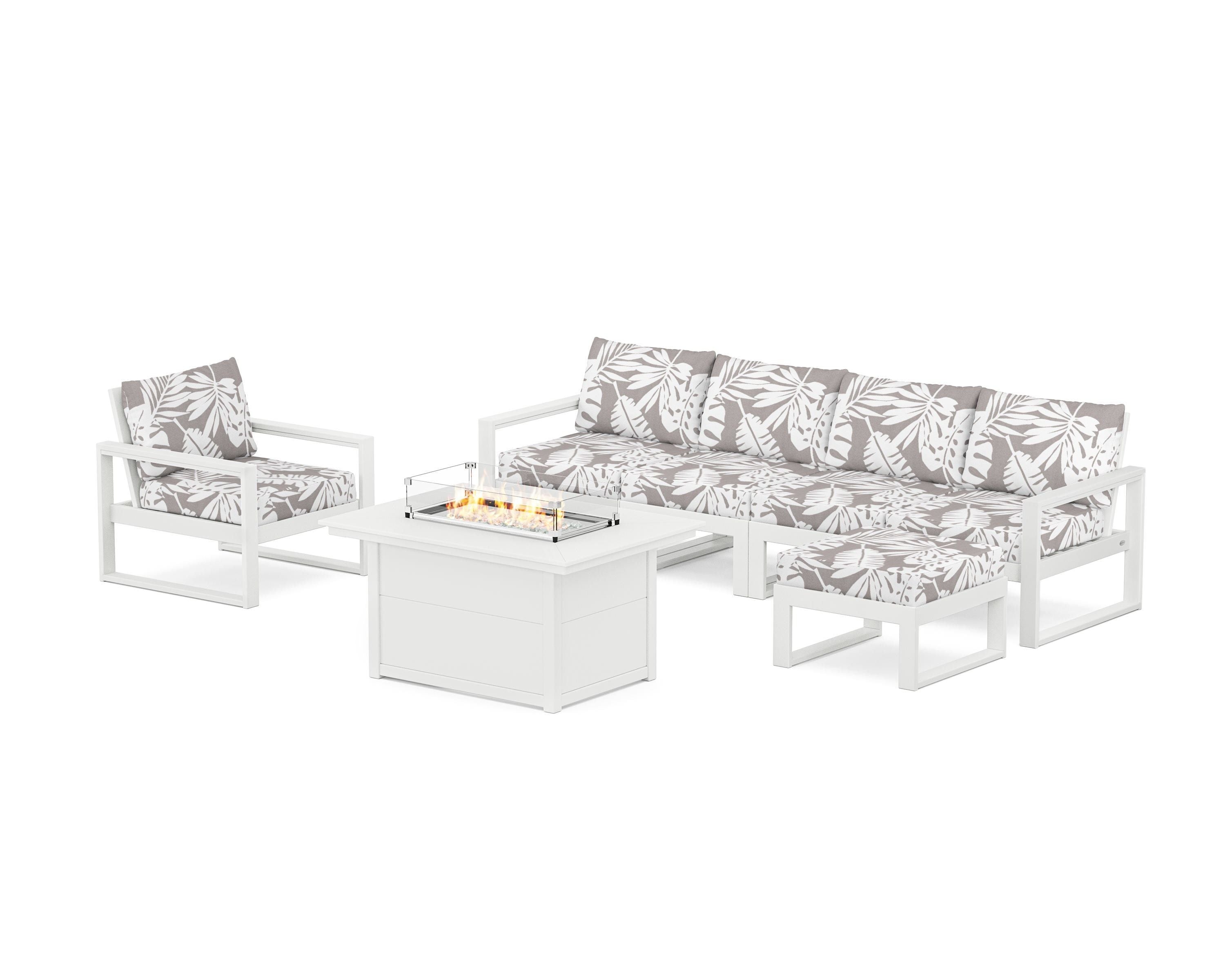 POLYWOOD® EDGE Sectional Lounge and Fire Pit Set in White / Leaf Grey Mist