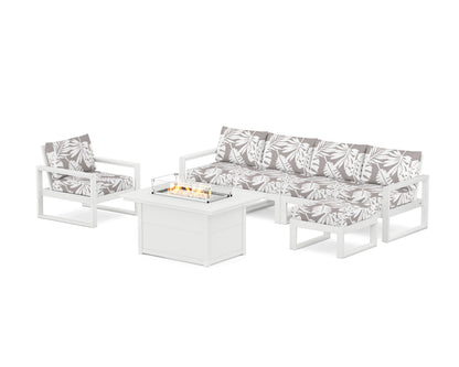POLYWOOD® EDGE Sectional Lounge and Fire Pit Set in White / Leaf Grey Mist