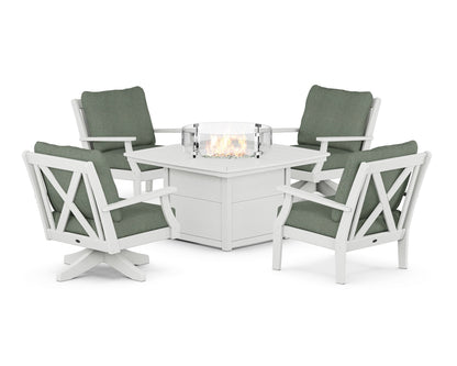 POLYWOOD® Braxton 5-Piece Deep Seating Set with Fire Table in Vintage White / Cast Sage