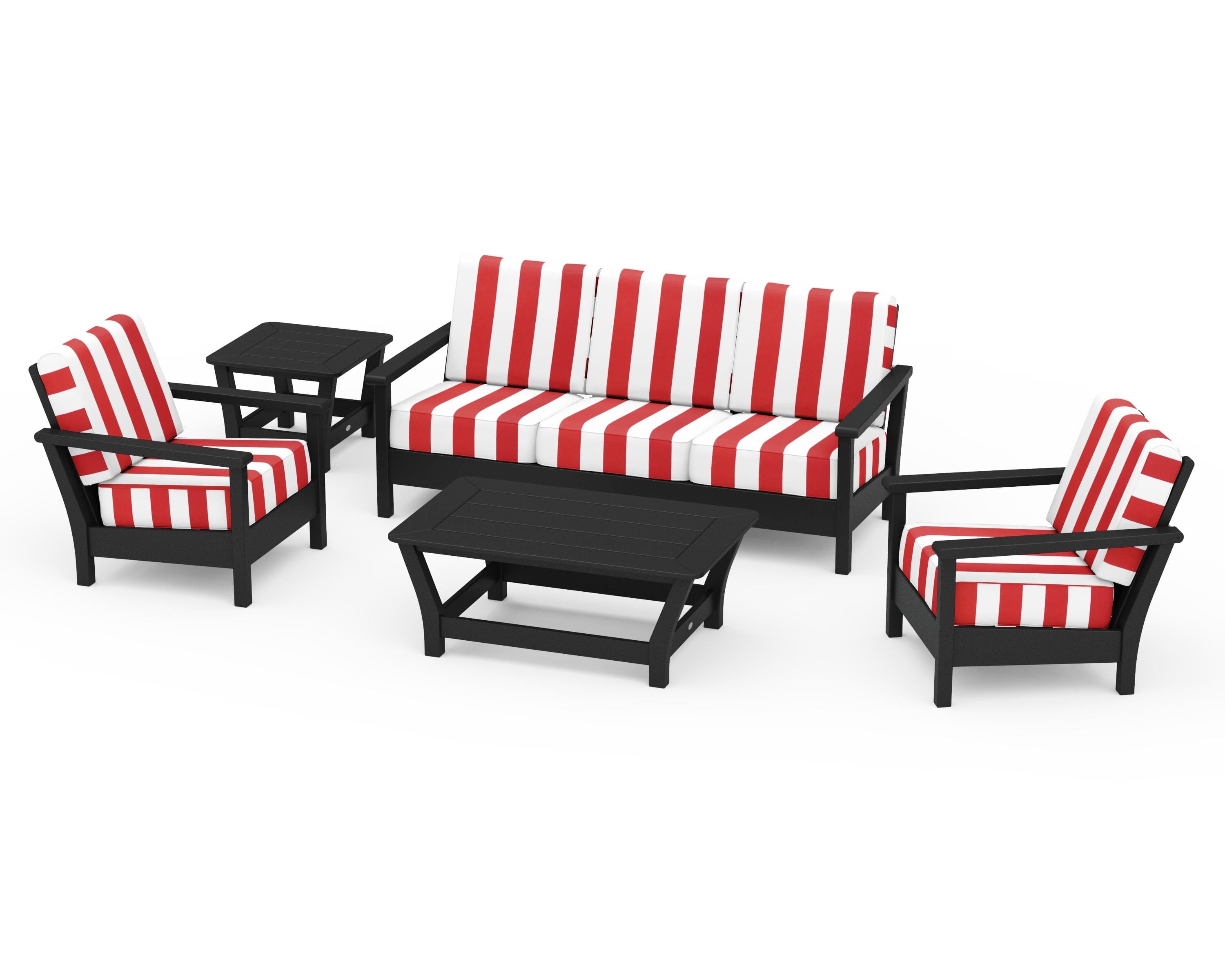 POLYWOOD® Harbour 5-Piece Deep Seating Set in Black / Cabana Stripe Crimson