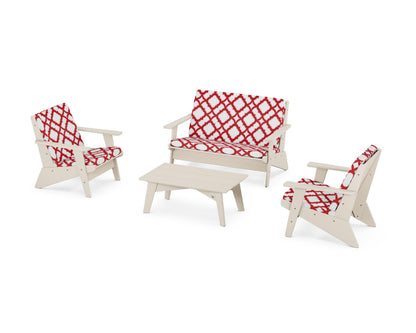 POLYWOOD® Riviera Modern Lounge 4-Piece Set in Sand / Trellis Crimson