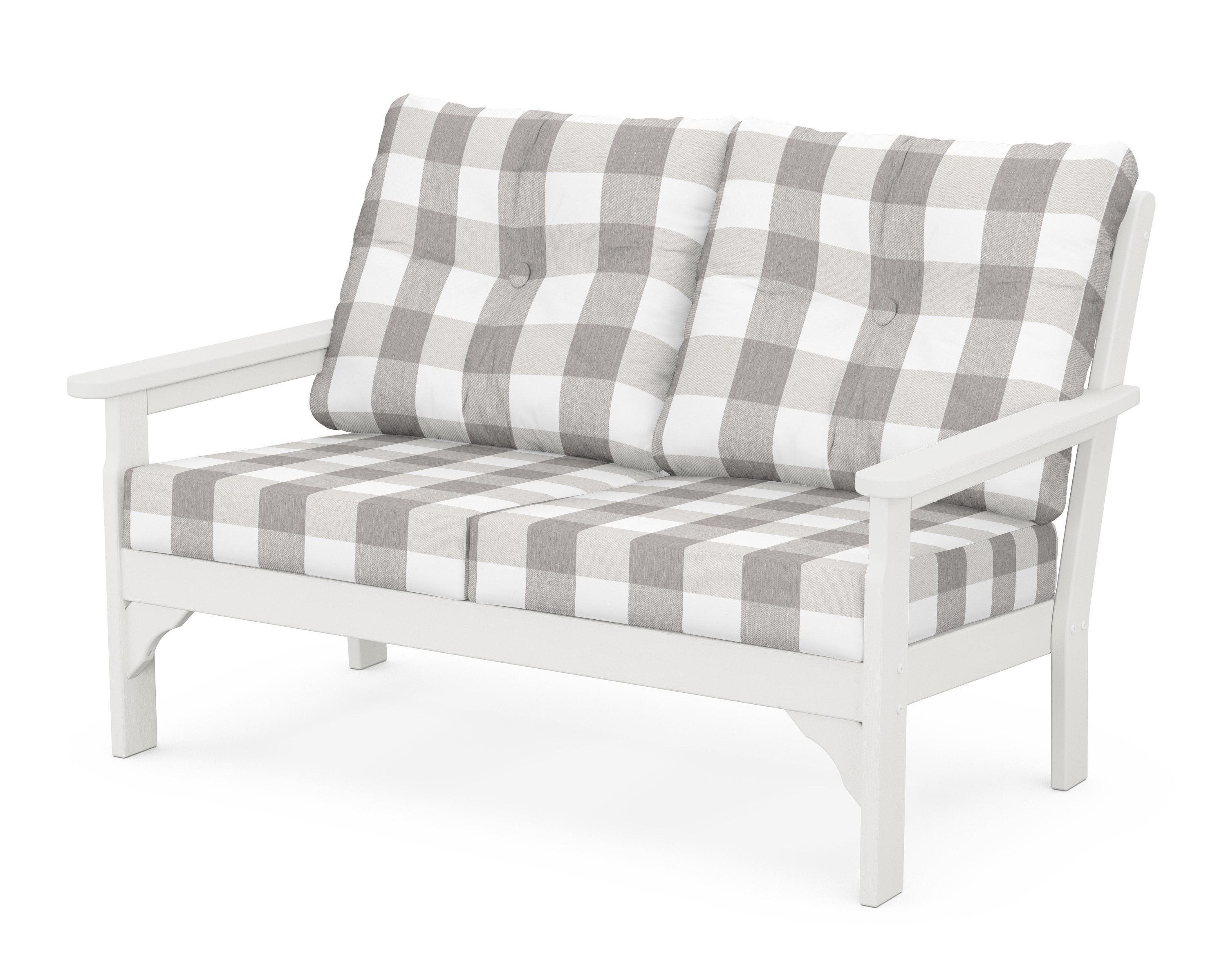 POLYWOOD® Vineyard Deep Seating Loveseat in Vintage White / Buffalo Plaid Grey Mist