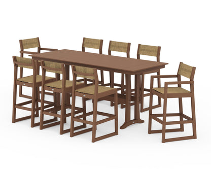POLYWOOD® EDGE Sling 9-Piece Farmhouse Bar Set with Trestle Legs in Teak / Burlap Sling