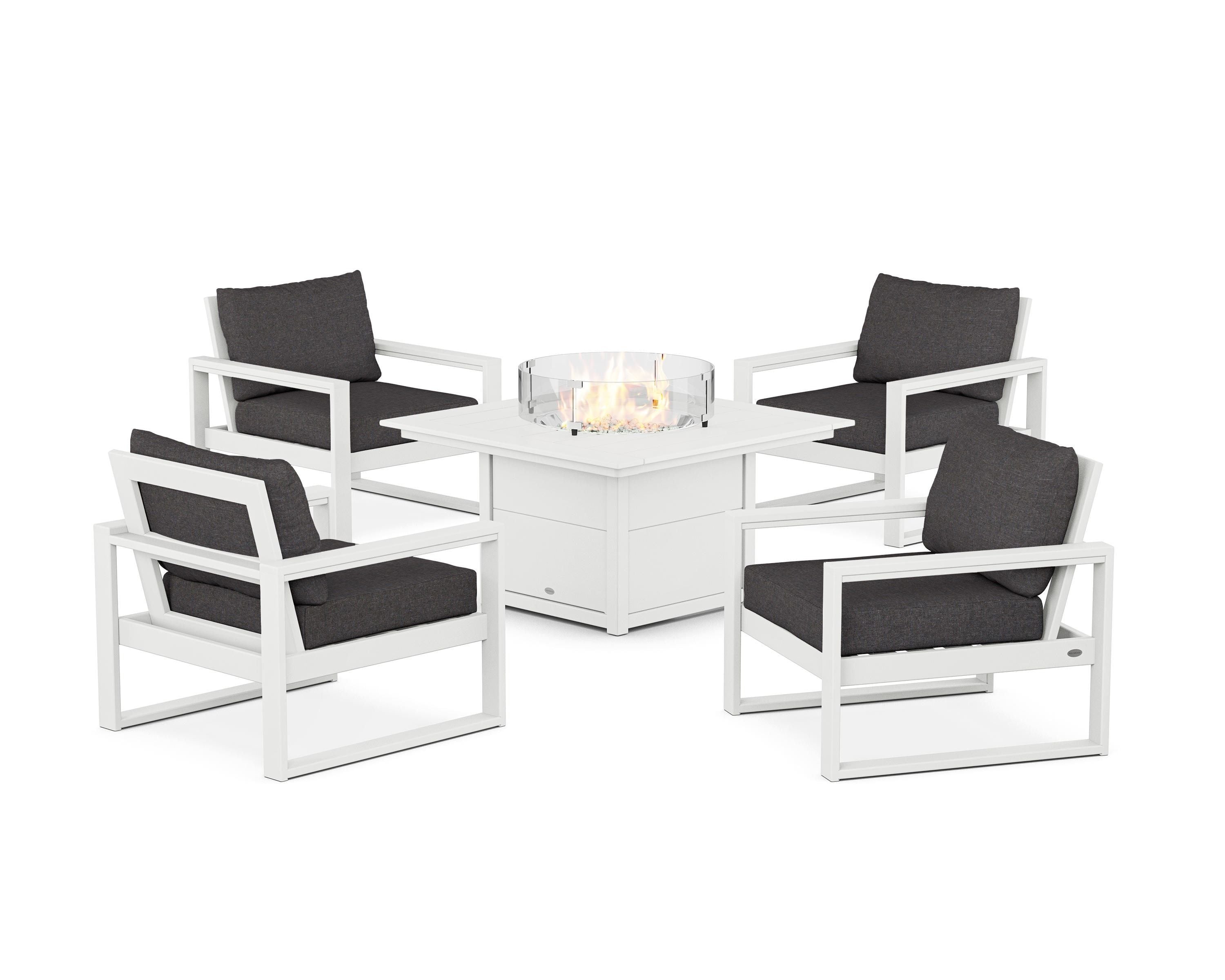 POLYWOOD® EDGE Sectional 5-Piece Deep Seating Set with Fire Pit Table in White / Ash Charcoal