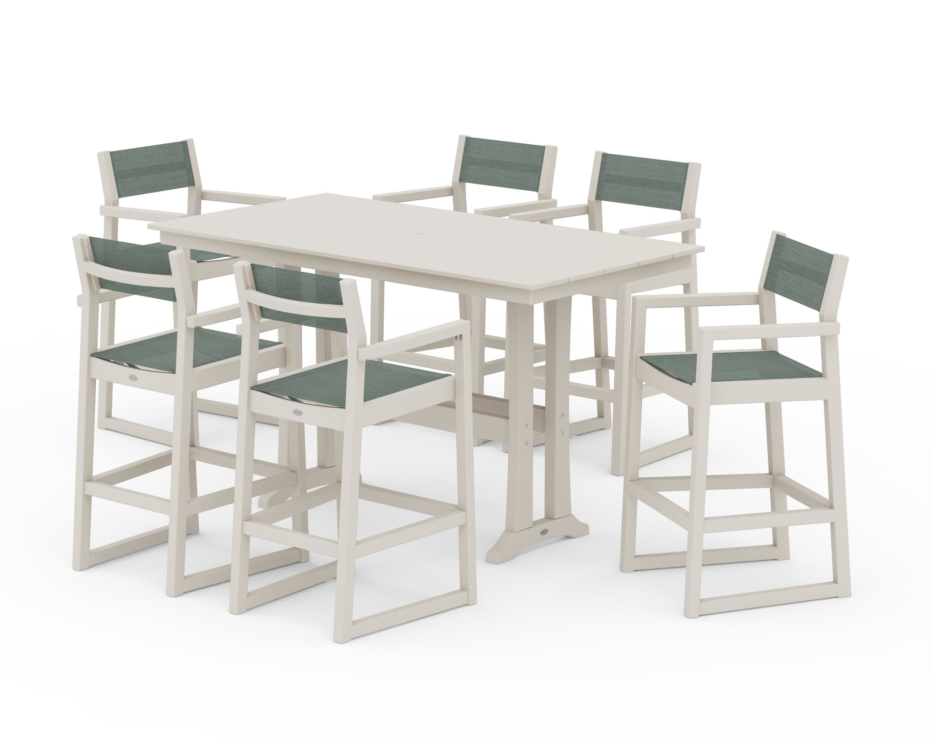 POLYWOOD® EDGE Sling Arm Chair 7-Piece Farmhouse Bar Set with Trestle Legs in Sand / Dupioni Sea Mist Sling