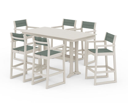 POLYWOOD® EDGE Sling Arm Chair 7-Piece Farmhouse Bar Set with Trestle Legs in Sand / Dupioni Sea Mist Sling