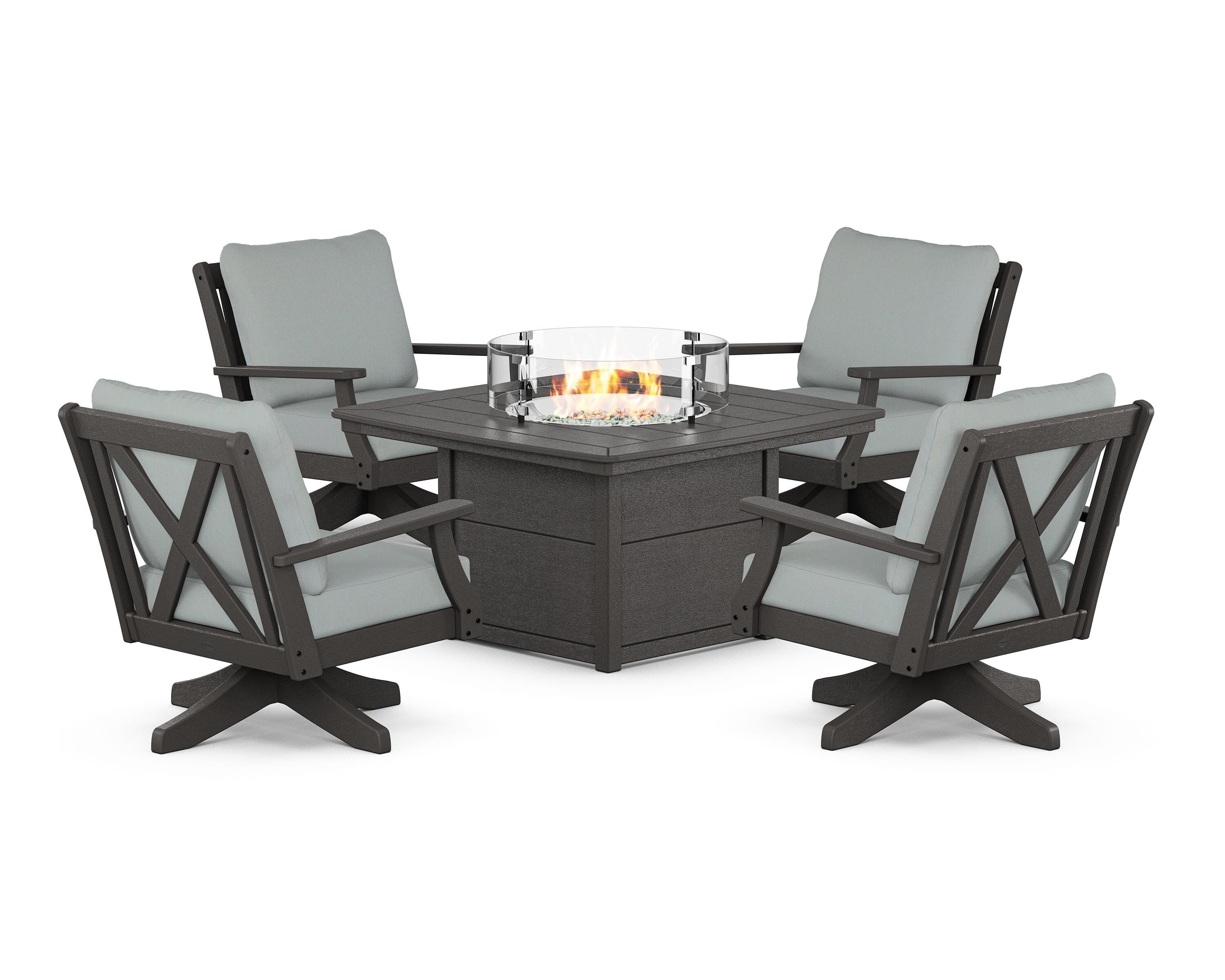 POLYWOOD® Braxton 5-Piece Deep Seating Swivel Conversation Set with Fire Pit Table in Vintage Coffee / Spa