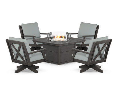 POLYWOOD® Braxton 5-Piece Deep Seating Swivel Conversation Set with Fire Pit Table in Vintage Coffee / Spa