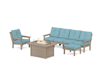 POLYWOOD® Vineyard Sectional Lounge and Fire Pit Set in Vintage Sahara / Lattice Sky Blue