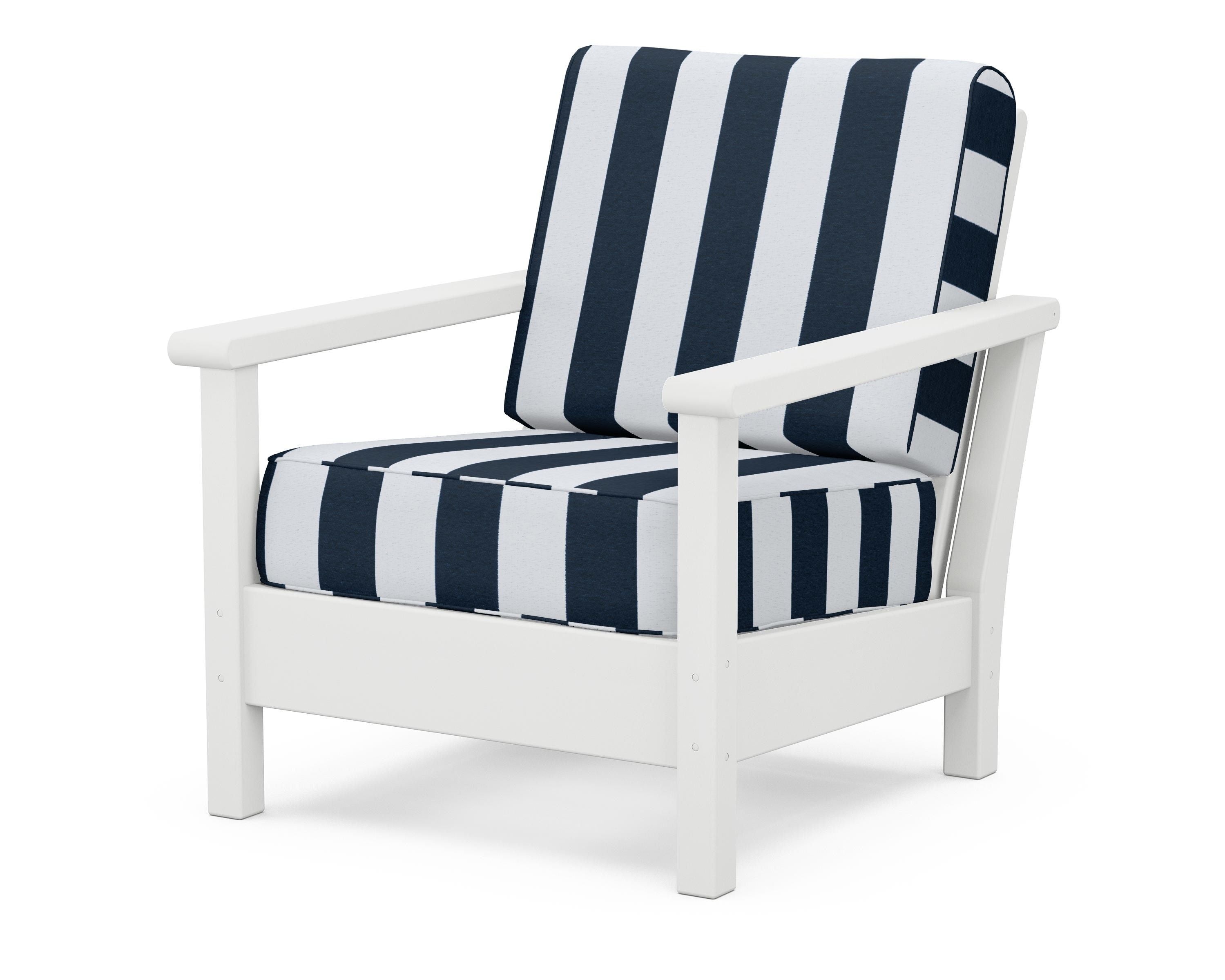 POLYWOOD® Harbour Deep Seating Chair in White / Cabana Stripe Marine Indigo