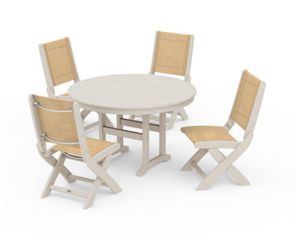 POLYWOOD® Coastal Folding Side Chair 5-Piece Round Dining Set in Sand / Dupioni Apricot Sling