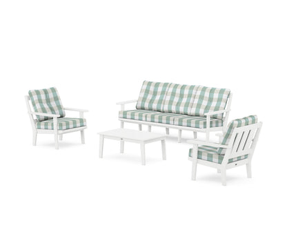 POLYWOOD® Oxford 4-Piece Deep Seating Set with Sofa in White / Buffalo Plaid Glacier Spa