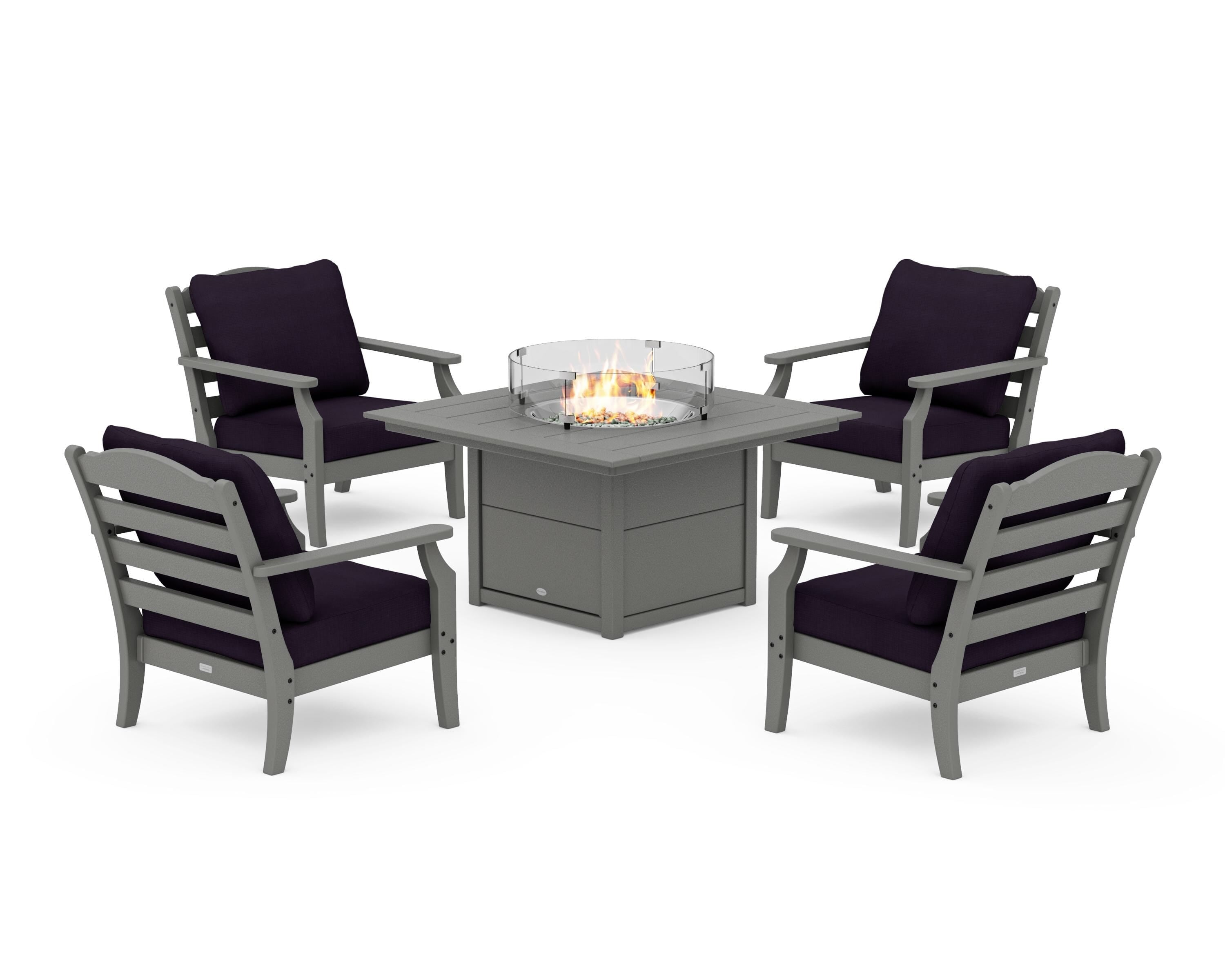 Draper James™ by  POLYWOOD® Savannah 5-Piece Deep Seating Set with Fire Pit Table in Slate Grey / Navy Linen