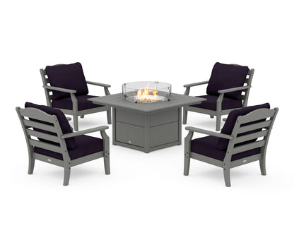 Draper James™ by  POLYWOOD® Savannah 5-Piece Deep Seating Set with Fire Pit Table in Slate Grey / Navy Linen