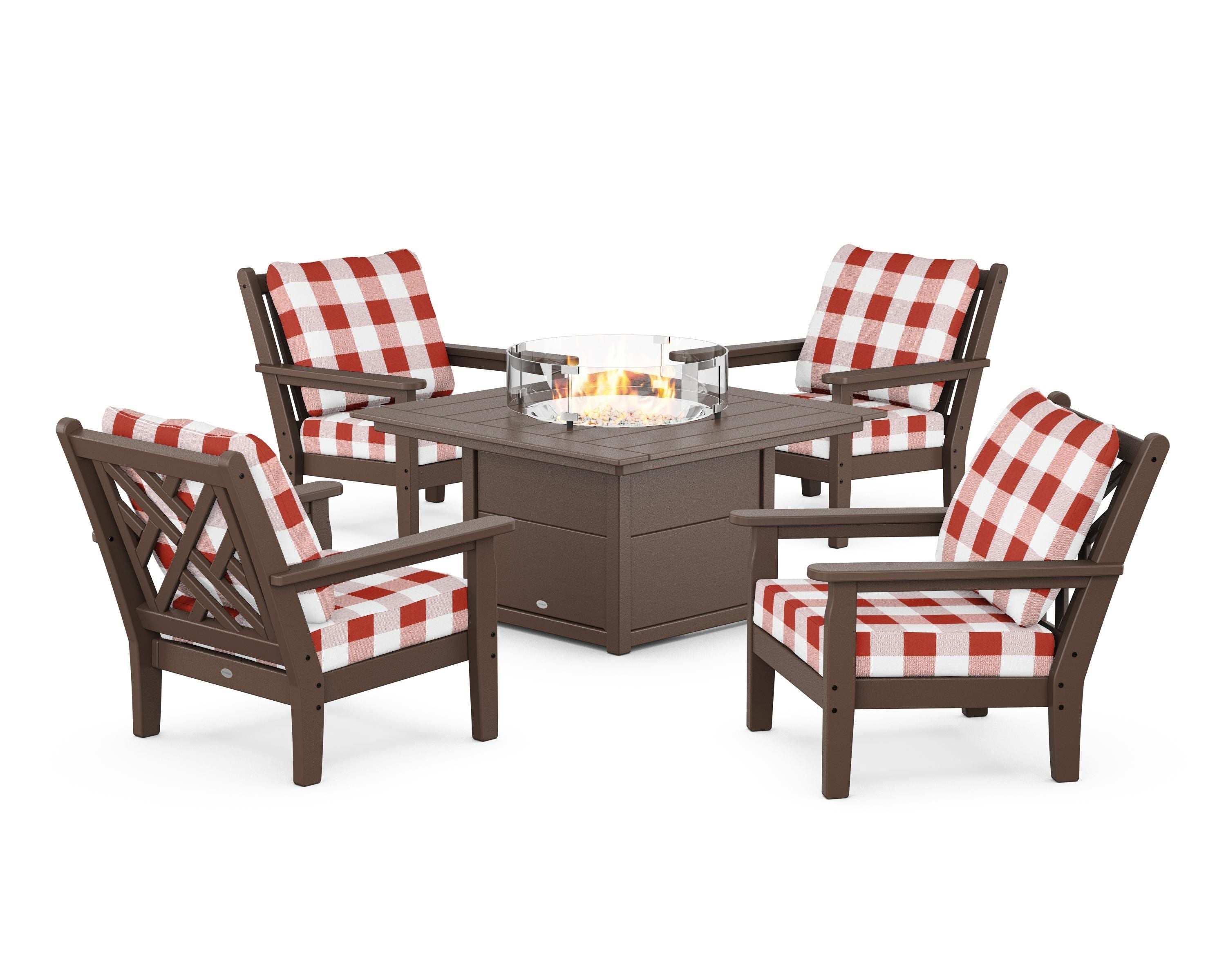 POLYWOOD® Chippendale 5-Piece Deep Seating Set with Fire Pit Table in Mahogany / Buffalo Plaid Crimson