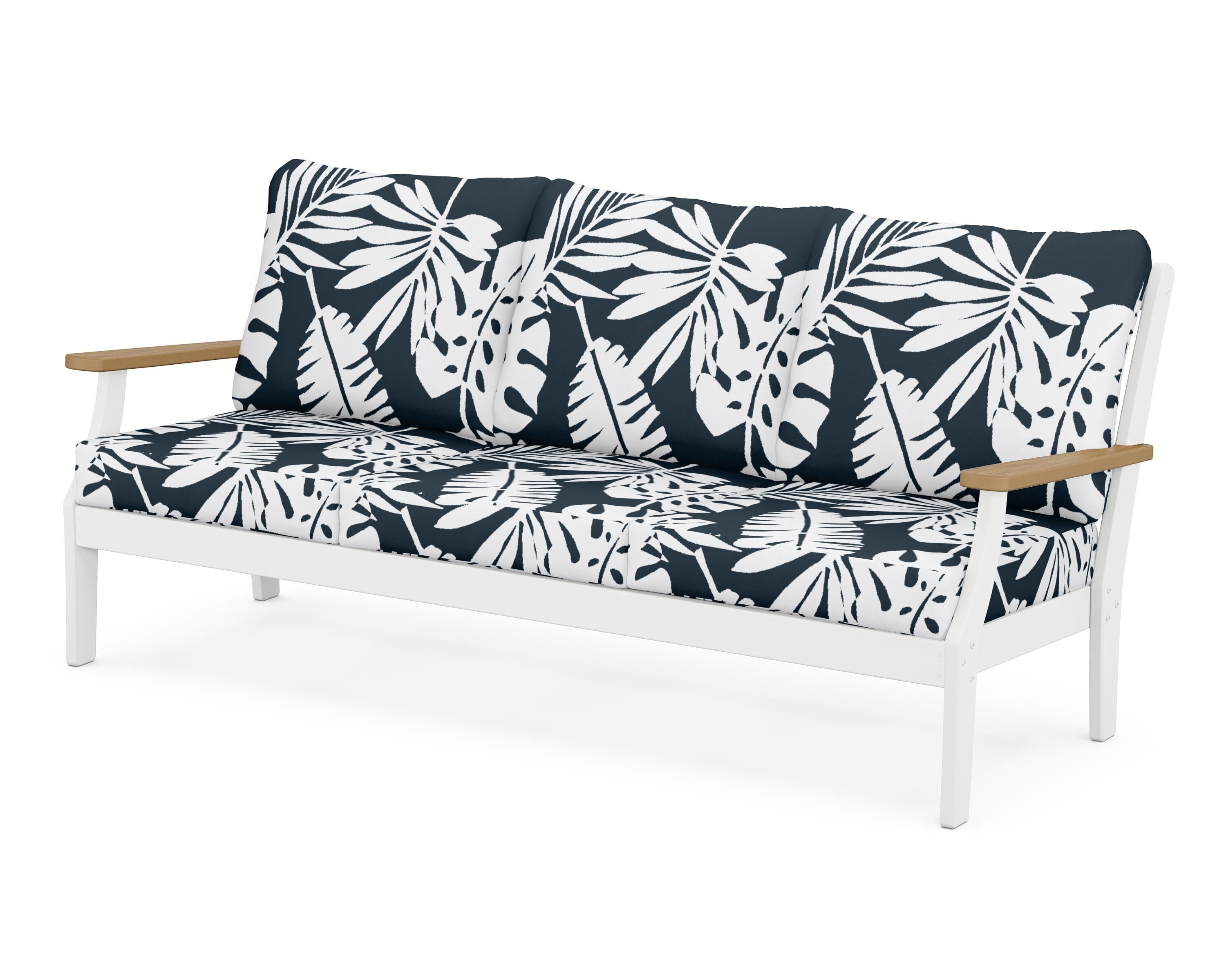 POLYWOOD® Braxton Deep Seating Sofa in White / Natural / Leaf Marine Indigo