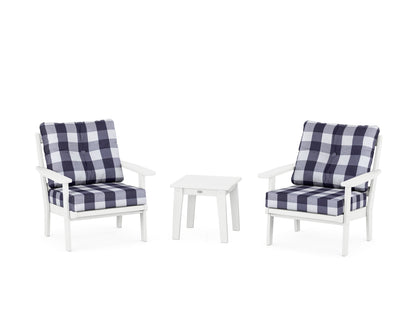 POLYWOOD® Oxford 3-Piece Deep Seating Set in White / Buffalo Plaid Navy