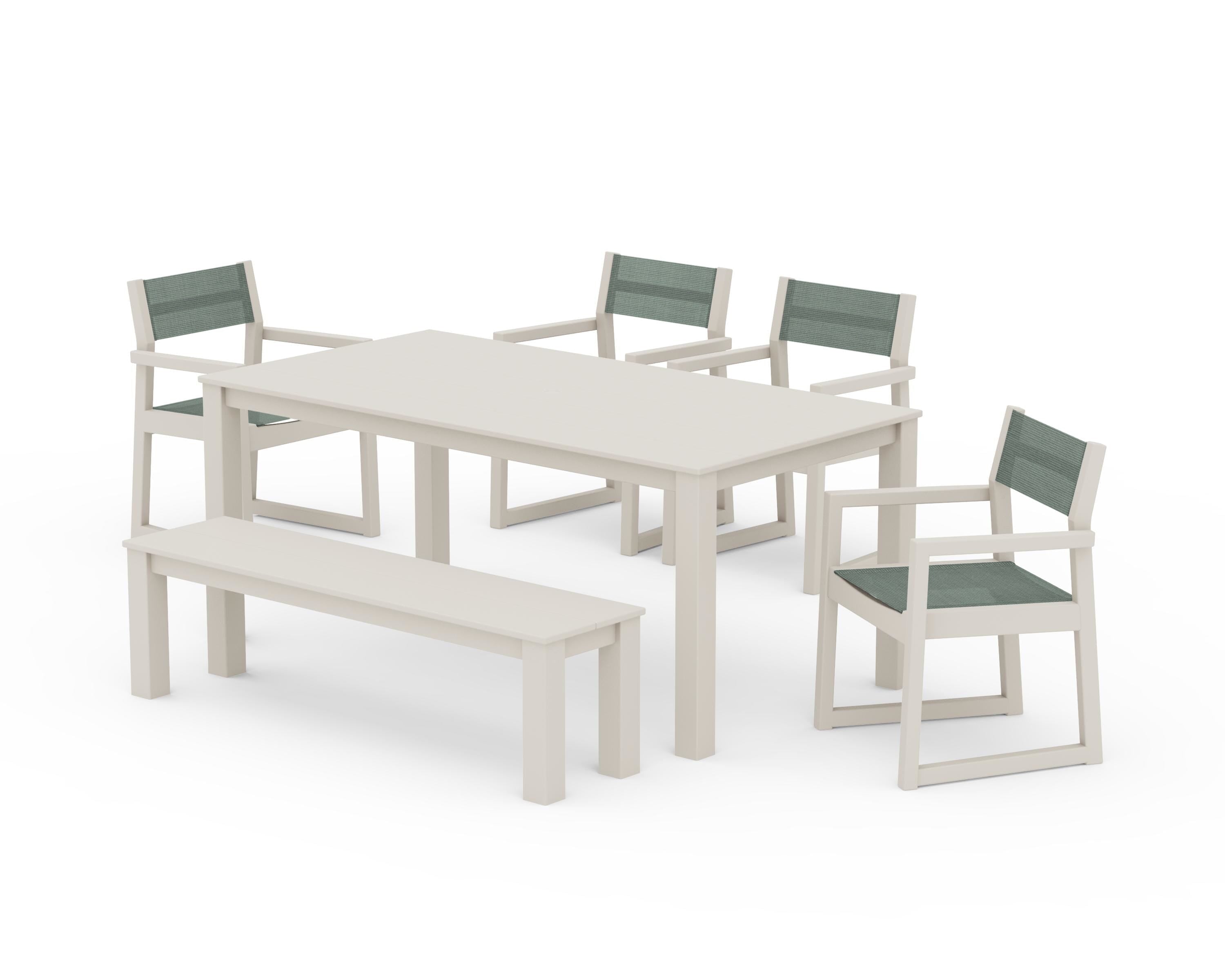 POLYWOOD® EDGE Sling Arm Chair 6-Piece Parsons Dining Set with Bench in Sand / Dupioni Sea Mist Sling