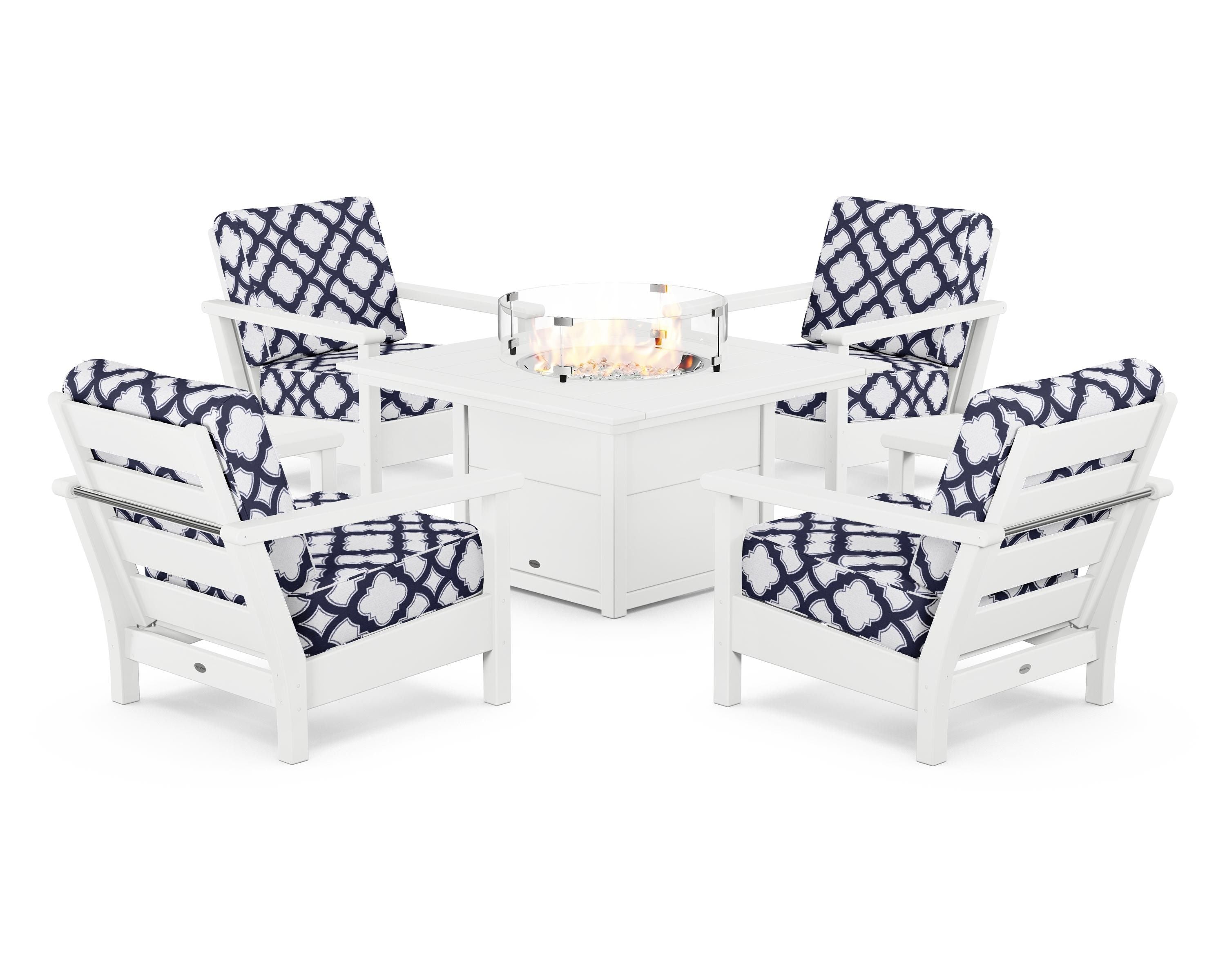 POLYWOOD® Harbour 5-Piece Conversation Set with Fire Pit Table in White / Trellis Navy