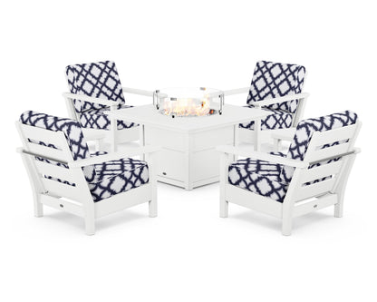 POLYWOOD® Harbour 5-Piece Conversation Set with Fire Pit Table in White / Trellis Navy