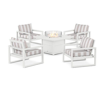 POLYWOOD® EDGE Sectional 5-Piece Deep Seating Set with Fire Pit Table in White / Cabana Stripe Dune Burlap