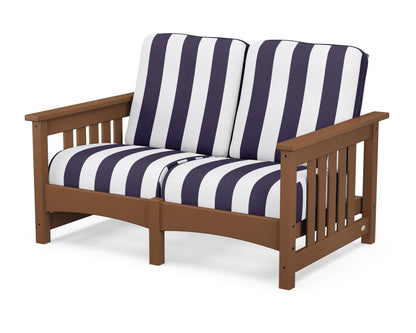 POLYWOOD® Club Mission Loveseat in Teak / Cabana Stripe Navy