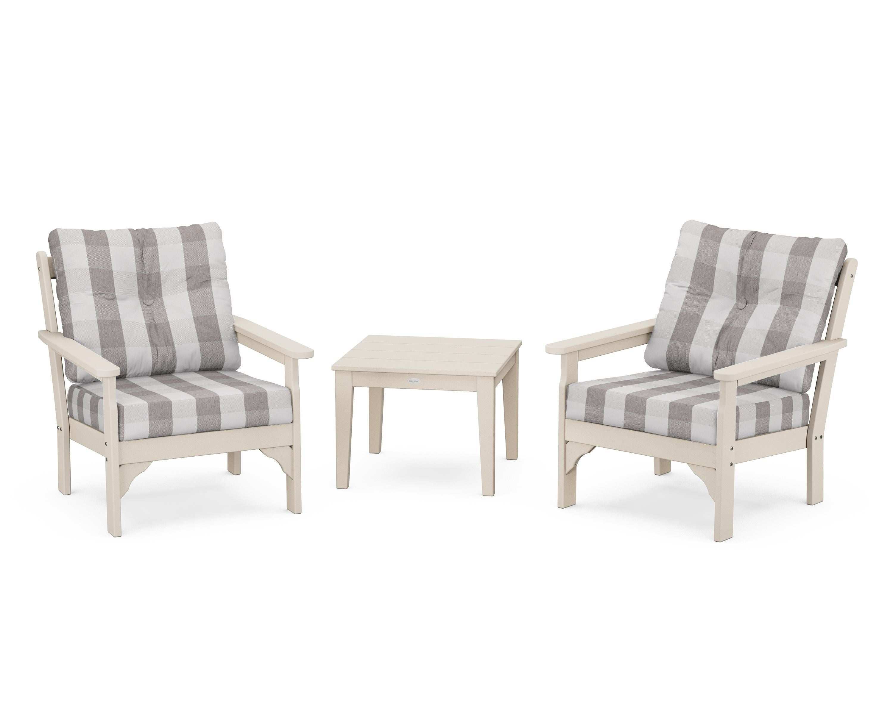 POLYWOOD® Vineyard 3-Piece Deep Seating Set in Sand / Buffalo Plaid Grey Mist