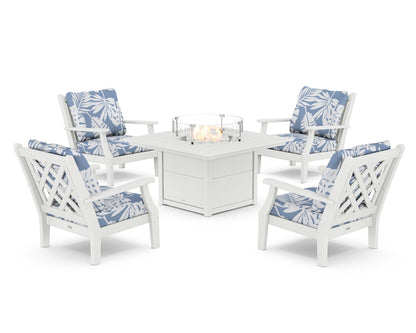 Country Living Wovendale 5-Piece Deep Seating Set with Fire Pit Table in White / Leaf Sky Blue