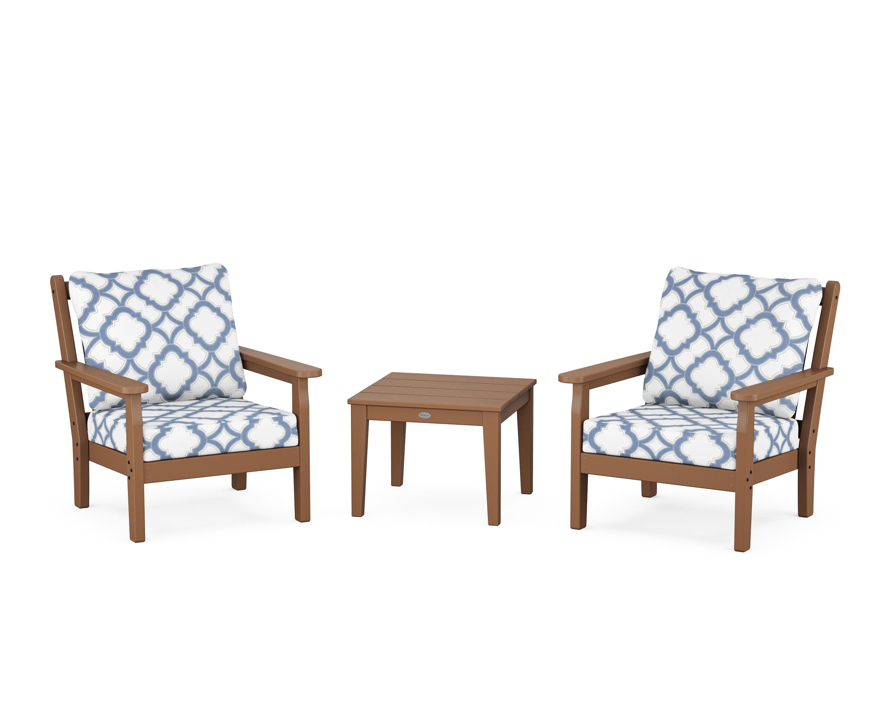POLYWOOD® Chippendale 3-Piece Deep Seating Set in Teak / Trellis Sky Blue