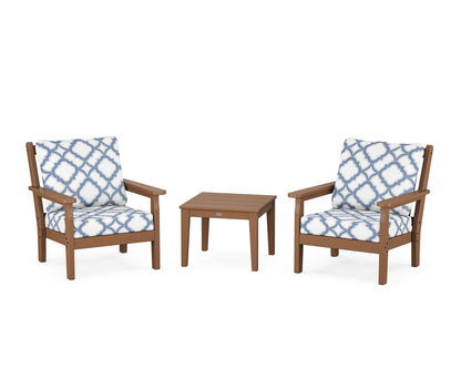 POLYWOOD® Chippendale 3-Piece Deep Seating Set in Teak / Trellis Sky Blue