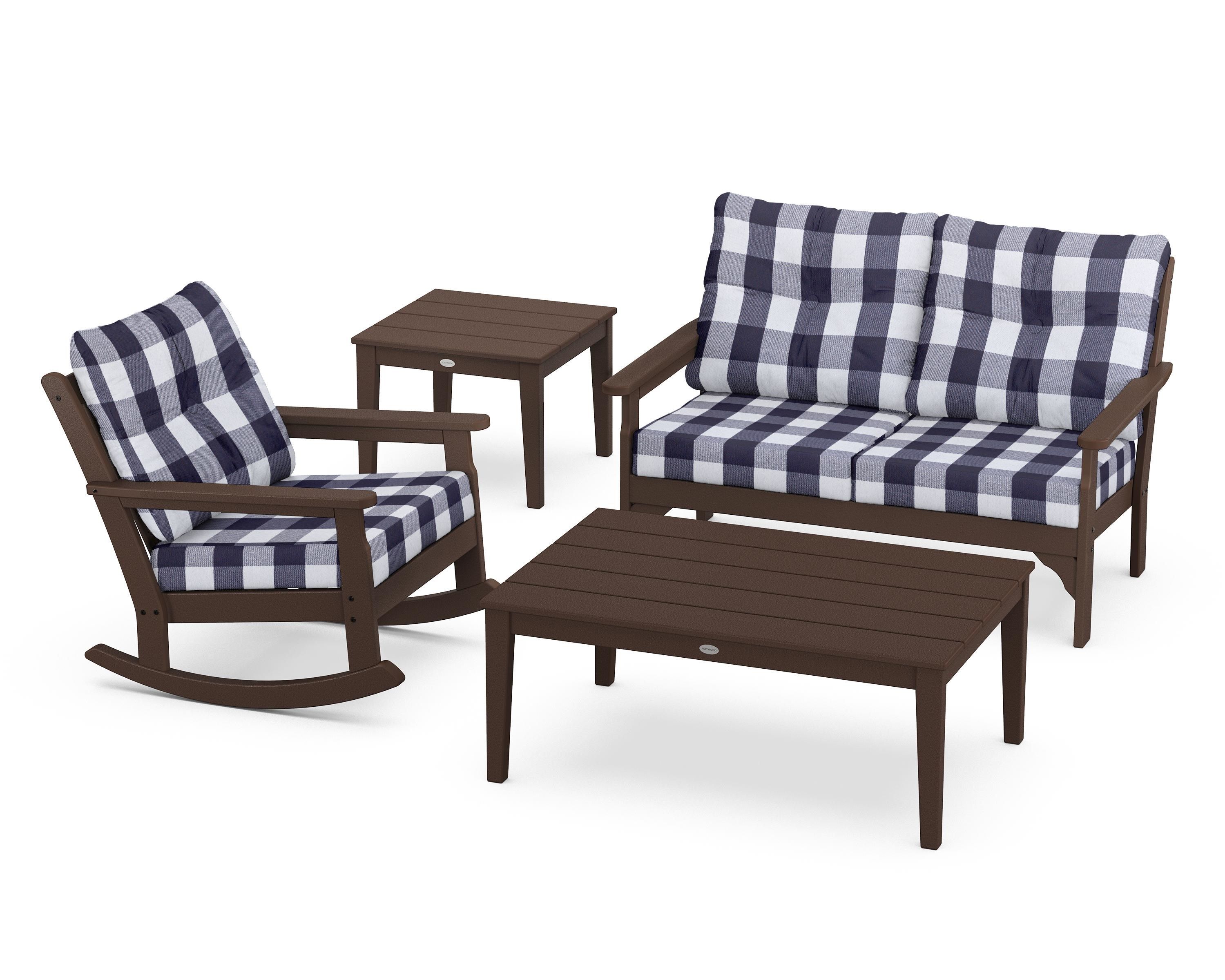 POLYWOOD® Vineyard 4-Piece Deep Seating Rocker Set in Mahogany / Buffalo Plaid Navy