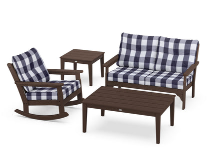 POLYWOOD® Vineyard 4-Piece Deep Seating Rocker Set in Mahogany / Buffalo Plaid Navy