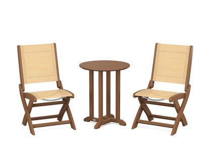 POLYWOOD® Coastal Folding Side Chair 3-Piece Round Bistro Dining Set in Teak / Dupioni Apricot Sling