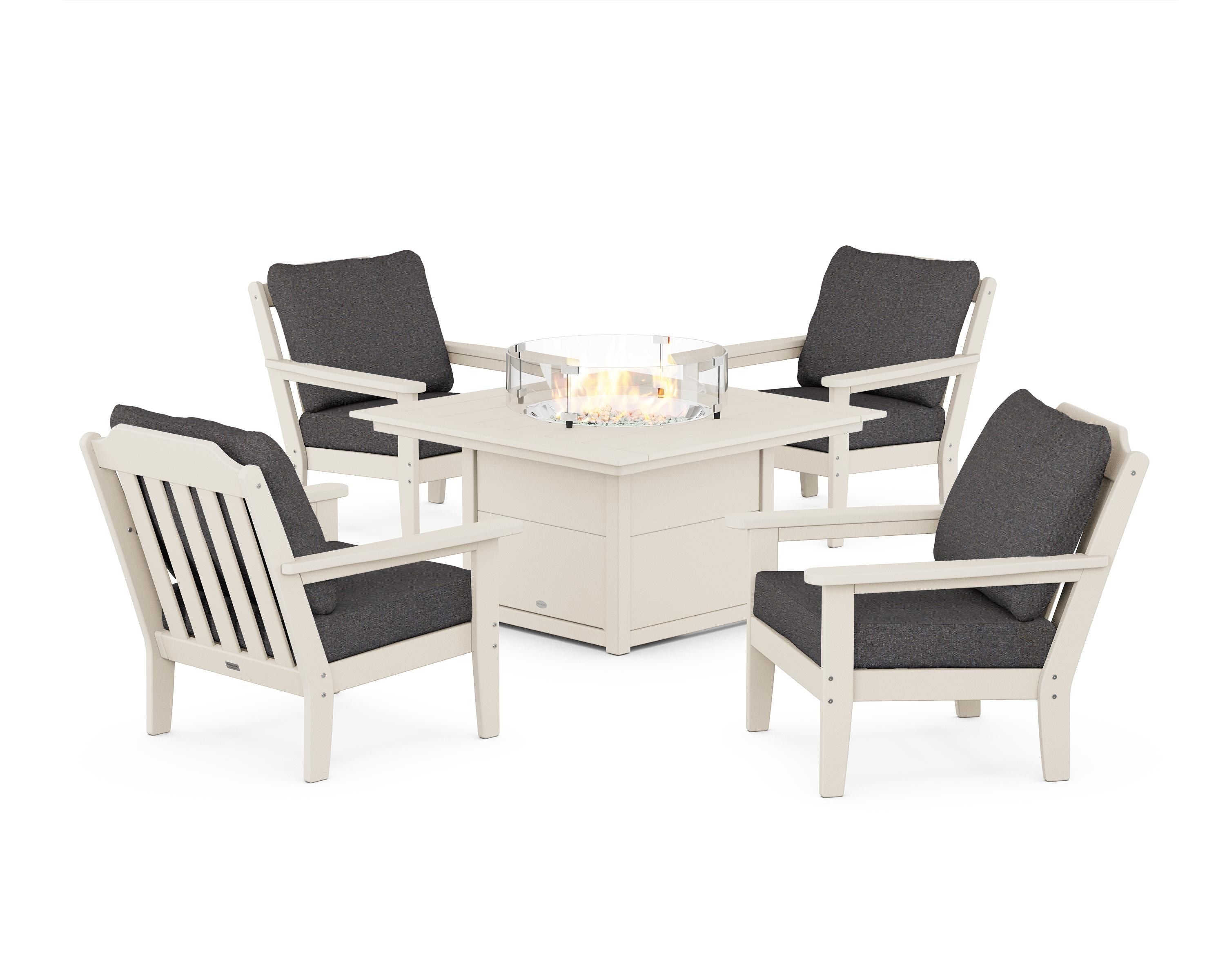 Country Living Cottage 5-Piece Deep Seating Set with Fire Pit Table in Sand / Ash Charcoal