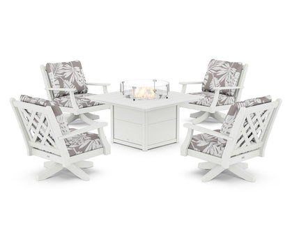 Country Living Wovendale 5-Piece Deep Seating Swivel Conversation Set with Fire Pit Table in White / Leaf Grey Mist