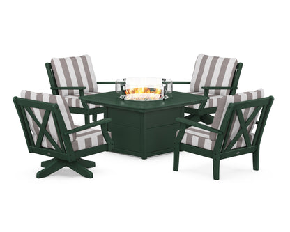 POLYWOOD® Braxton 5-Piece Deep Seating Set with Fire Table in Green / Cabana Stripe Grey Mist