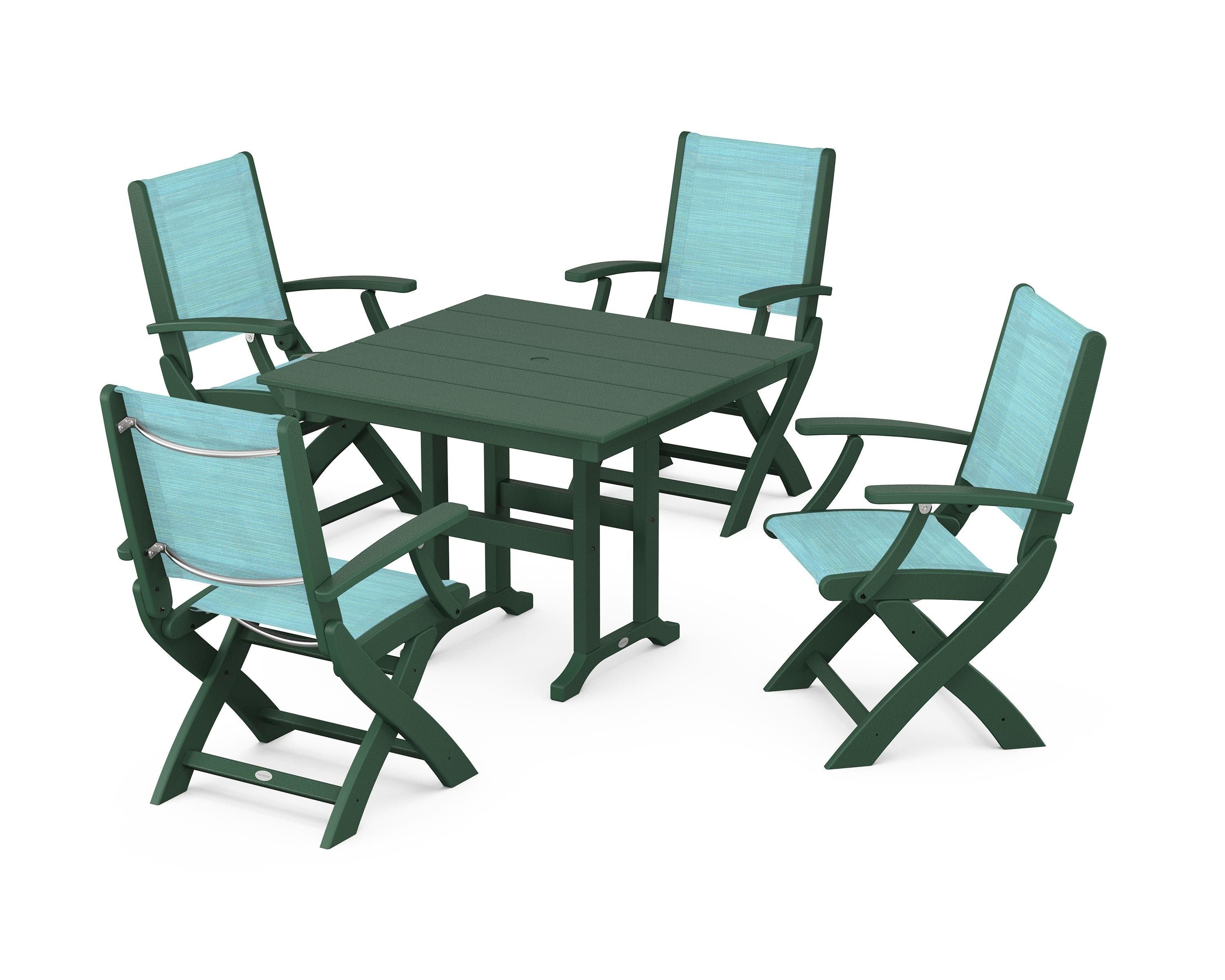 POLYWOOD® Coastal Folding Chair 5-Piece Farmhouse Dining Set in Green / Dupioni Aquamarine Sling