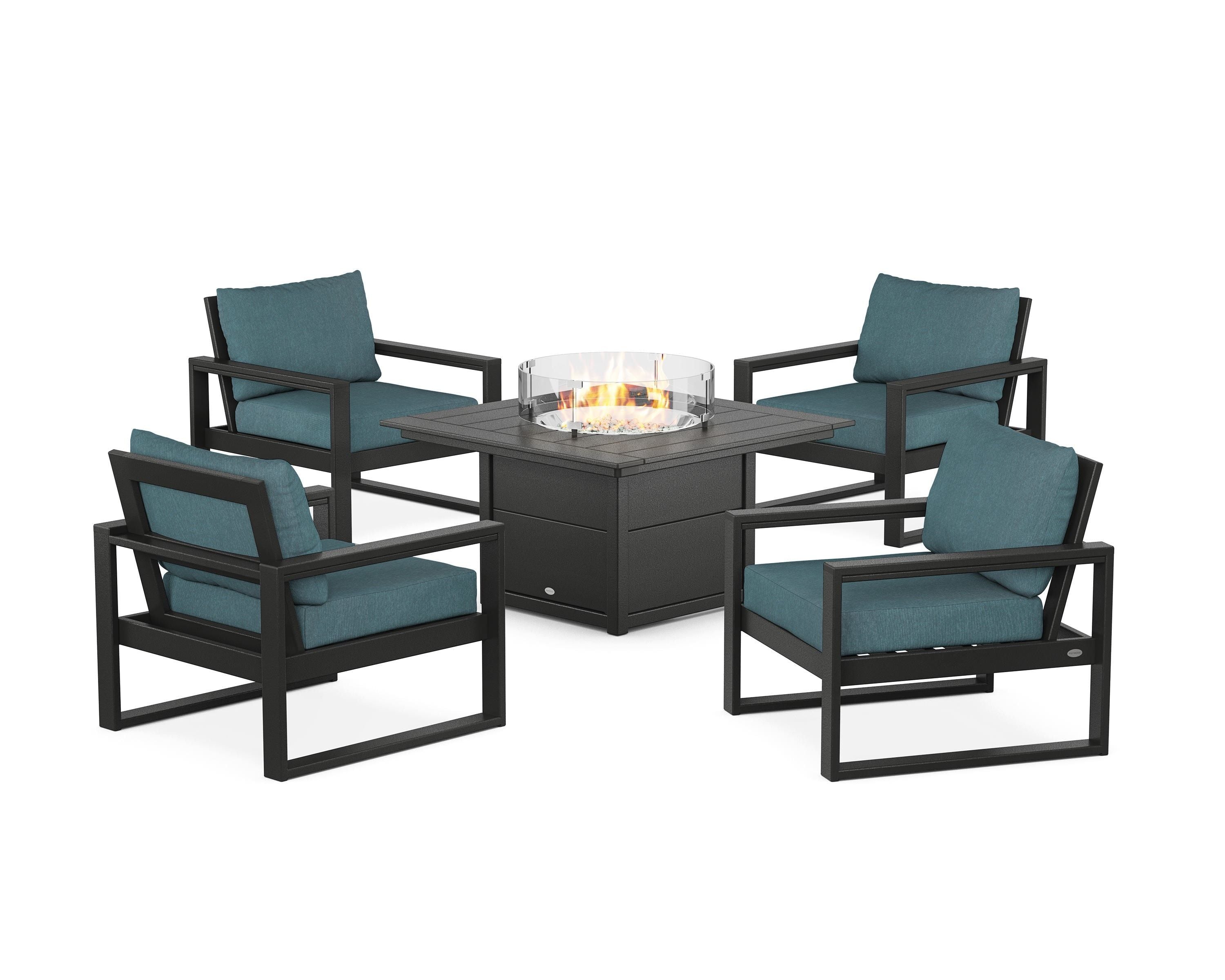 POLYWOOD® EDGE Sectional 5-Piece Deep Seating Set with Fire Pit Table in Black / Ocean Teal