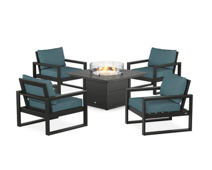 POLYWOOD® EDGE Sectional 5-Piece Deep Seating Set with Fire Pit Table in Black / Ocean Teal