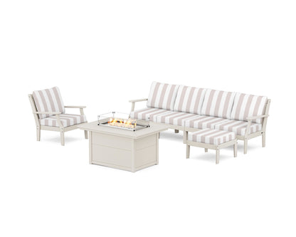 POLYWOOD® Braxton Sectional Lounge and Fire Pit Set in Sand / Cabana Stripe Dune Burlap