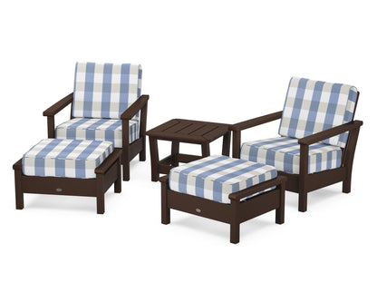 POLYWOOD® Harbour 5-Piece Deep Seating Chair Set in Mahogany / Buffalo Plaid Sky Blue