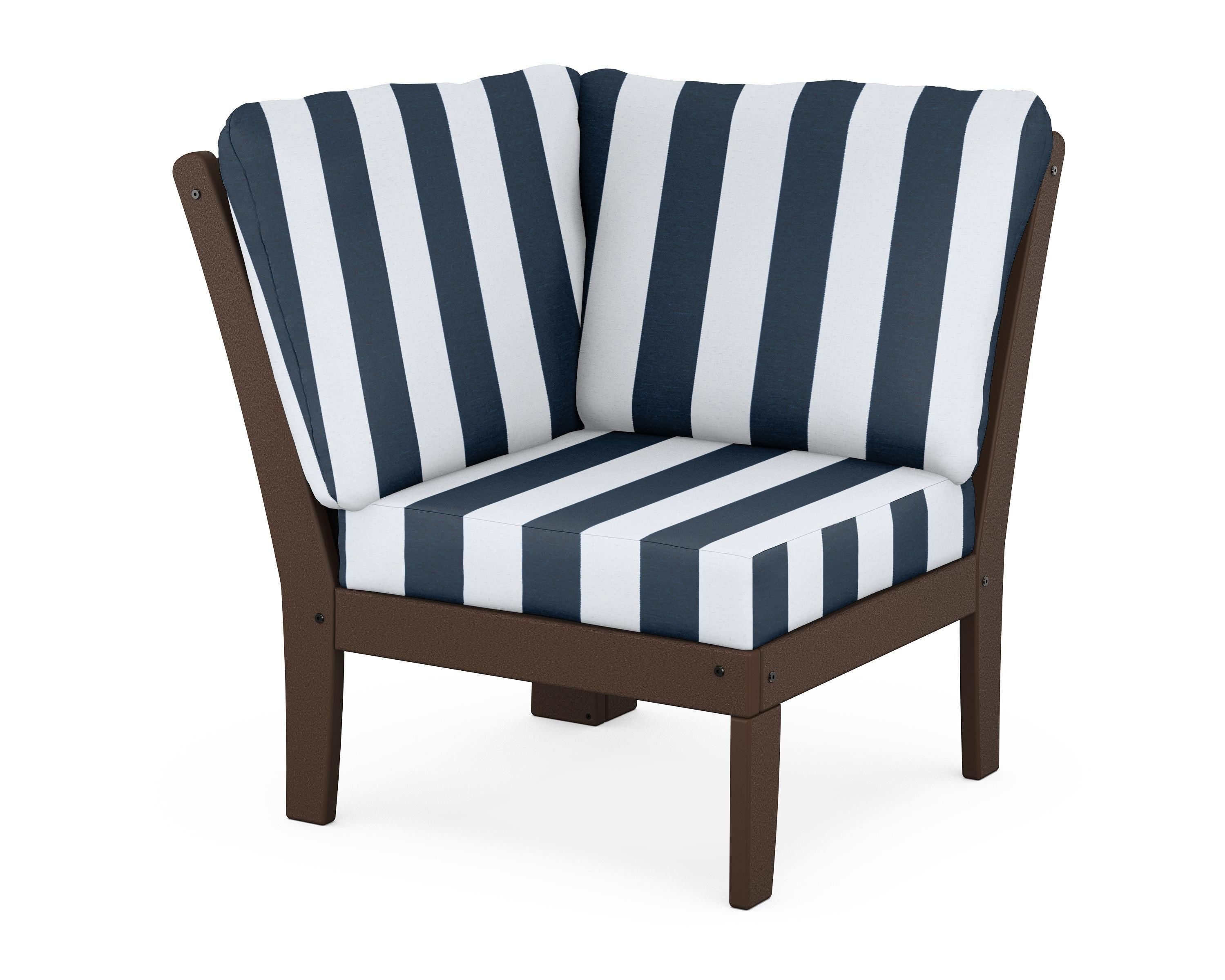 POLYWOOD® Braxton Modular Corner Chair in Mahogany / Cabana Stripe Marine Indigo