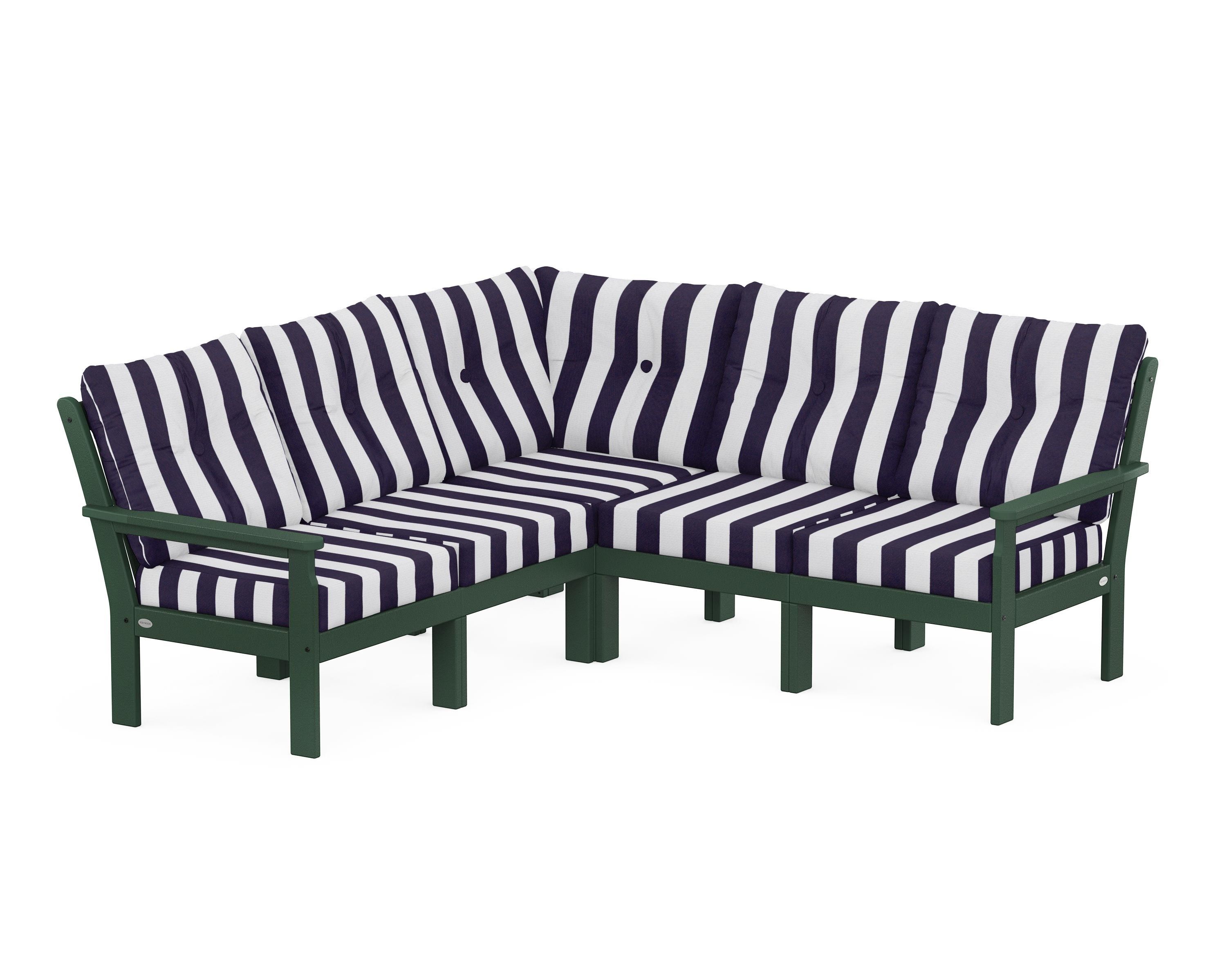 POLYWOOD® Vineyard 5-Piece Sectional in Green / Cabana Stripe Navy