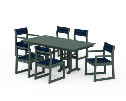 POLYWOOD® EDGE Sling 7-Piece Farmhouse Dining Set in Green / Navy Blue Sling