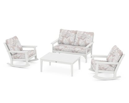 POLYWOOD® Vineyard 4-Piece Deep Seating Rocking Chair Set in White / Leaf Dune Burlap
