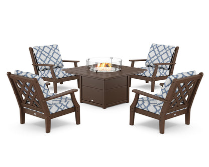 Country Living Wovendale 5-Piece Deep Seating Set with Fire Pit Table in Mahogany / Trellis Sky Blue