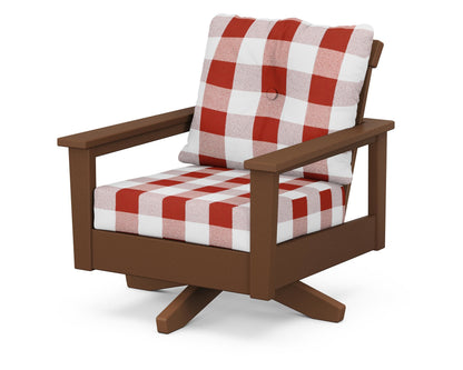 POLYWOOD® Prescott Deep Seating Swivel Chair in Teak / Buffalo Plaid Crimson