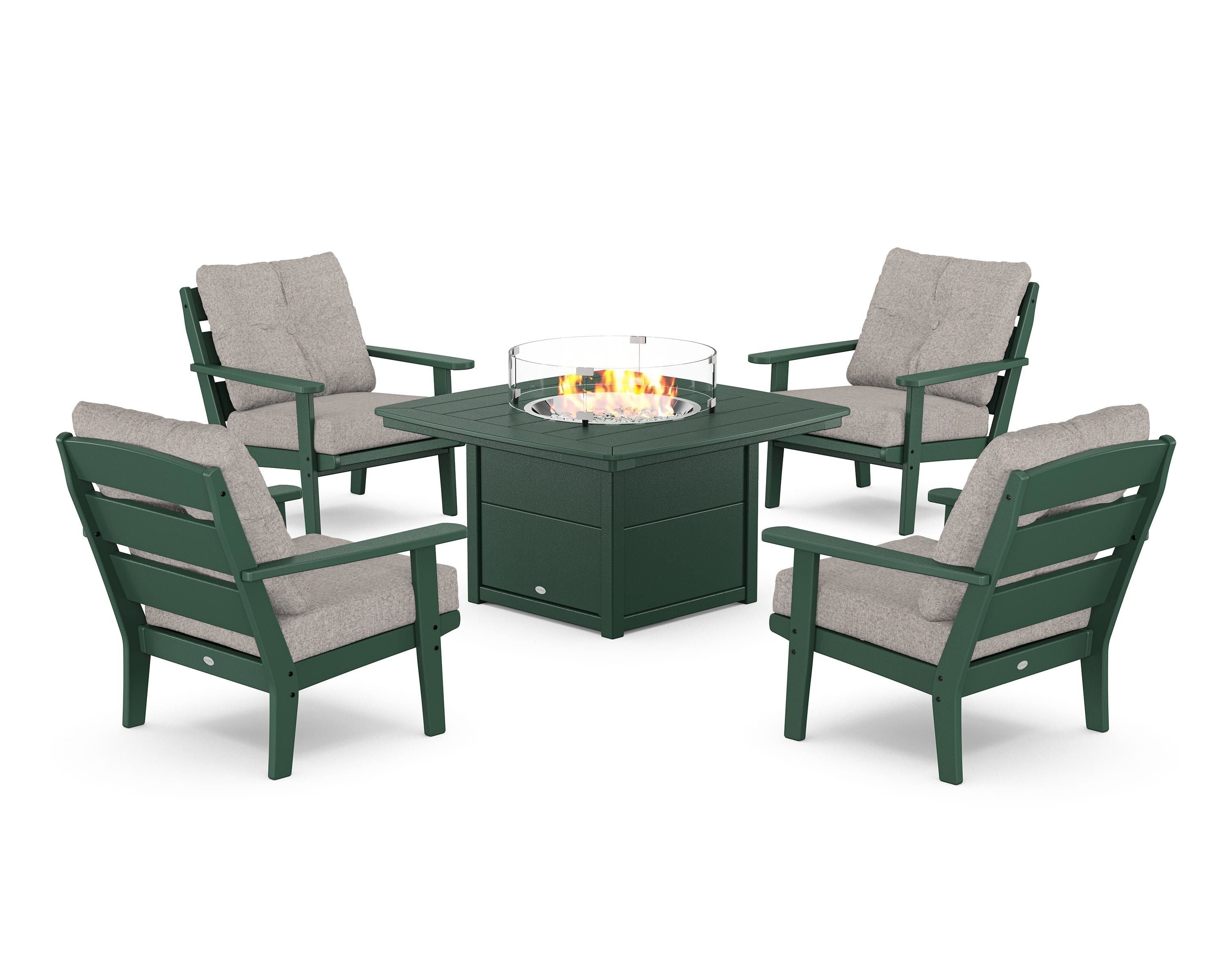 POLYWOOD® Lakeside 5-Piece Deep Seating Set with Nautical Fire Pit Table in Green / Weathered Tweed