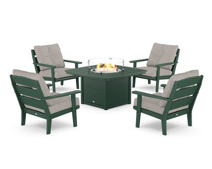 POLYWOOD® Lakeside 5-Piece Deep Seating Set with Nautical Fire Pit Table in Green / Weathered Tweed