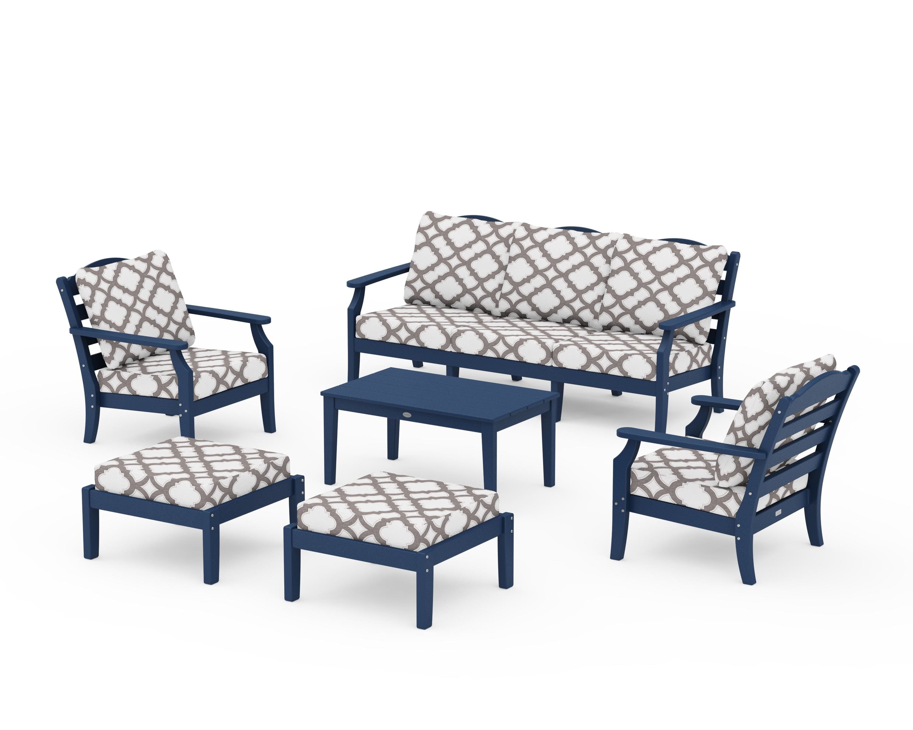 Draper James™ by  POLYWOOD® Savannah 6-Piece Lounge Sofa Set in Navy / Trellis Grey Mist